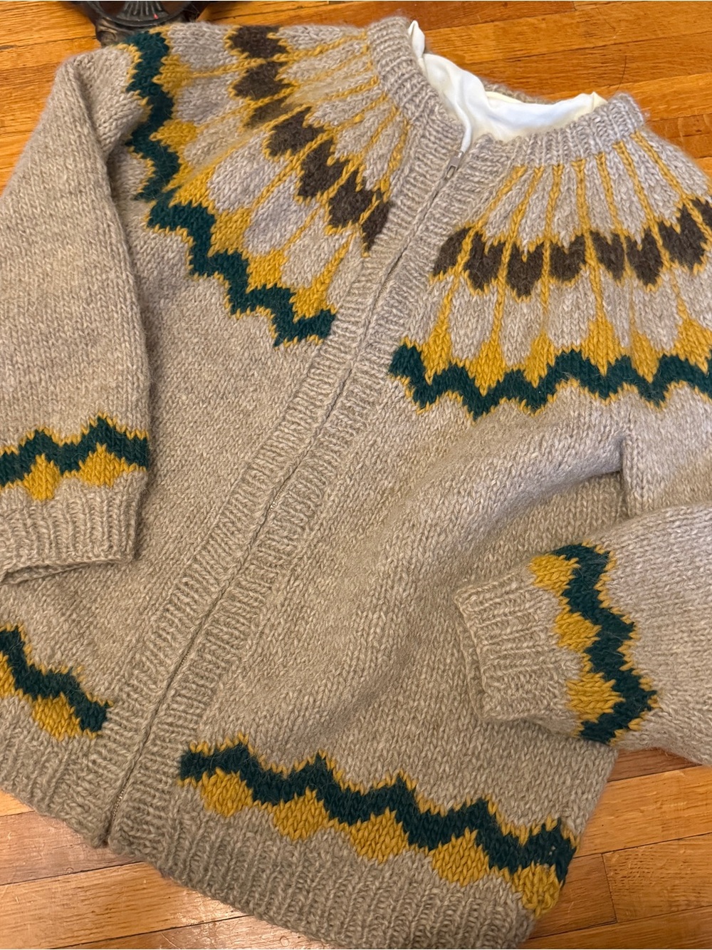 Women’s Fair Isle Wool Cardigan Jacket in Taupe with Mustard & Teal Accents